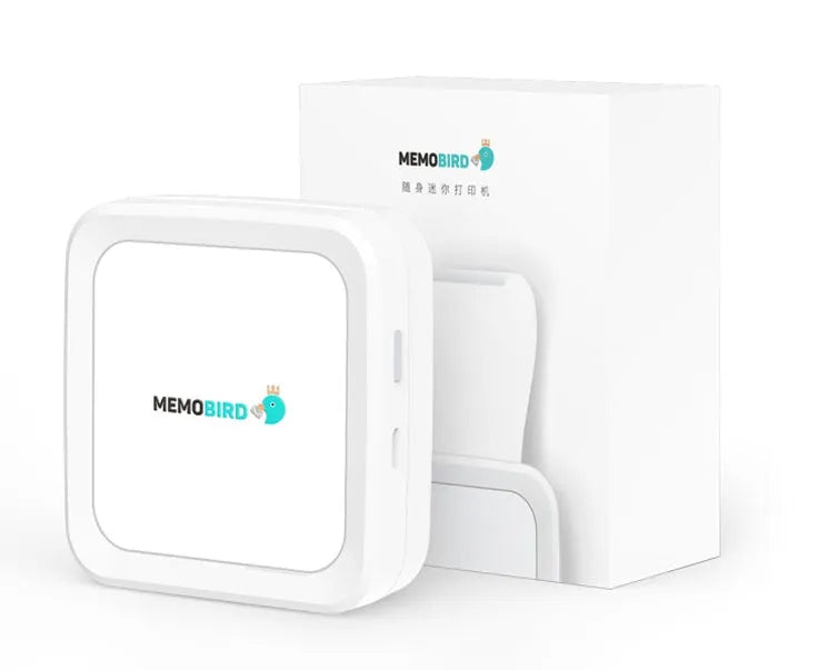 Thermal pocket portable Bluetooth printer in white with 79x79x40mm dimensions and 900mAh battery