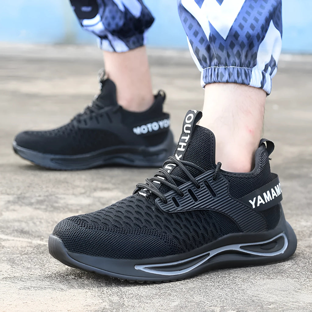 Black ultra-light steel toe anti-piercing work shoes with fly woven upper and low style, sizes 36-46