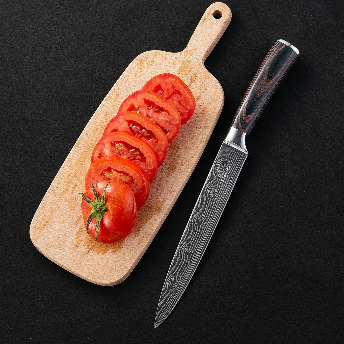 7CR17 stainless steel chef knife with laser Damascus pattern and colour steel handle, blade length 18cm.