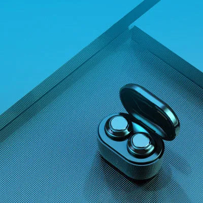 Black stereo Bluetooth earplug headset showing earpieces, suitable for calls and music with 10m range.