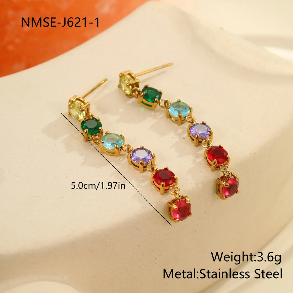 Gold-finish stainless steel earrings with inlaid colour zircon in geometric round and diamond pattern
