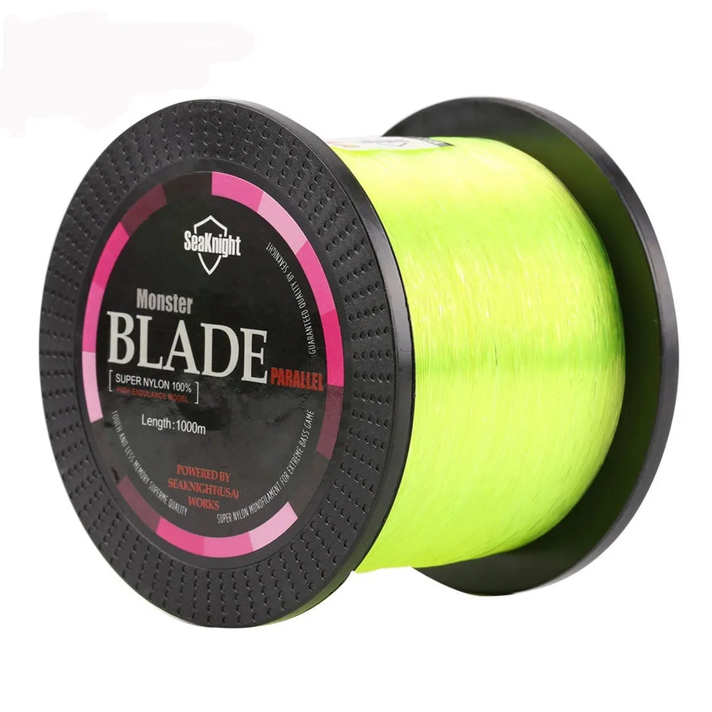 Seaknight 1000 M nylon fishing line spool in black, blue, green, or white, showing available sizes from 0.4 to 8.0.