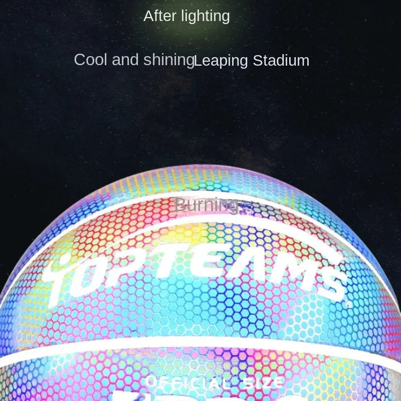 Holographic luminous reflective basketball size 7 with fluorescent design on PU surface