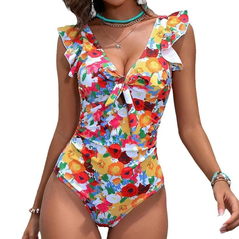 Women's printed one-piece swimsuit in solid picture colour with conservative design