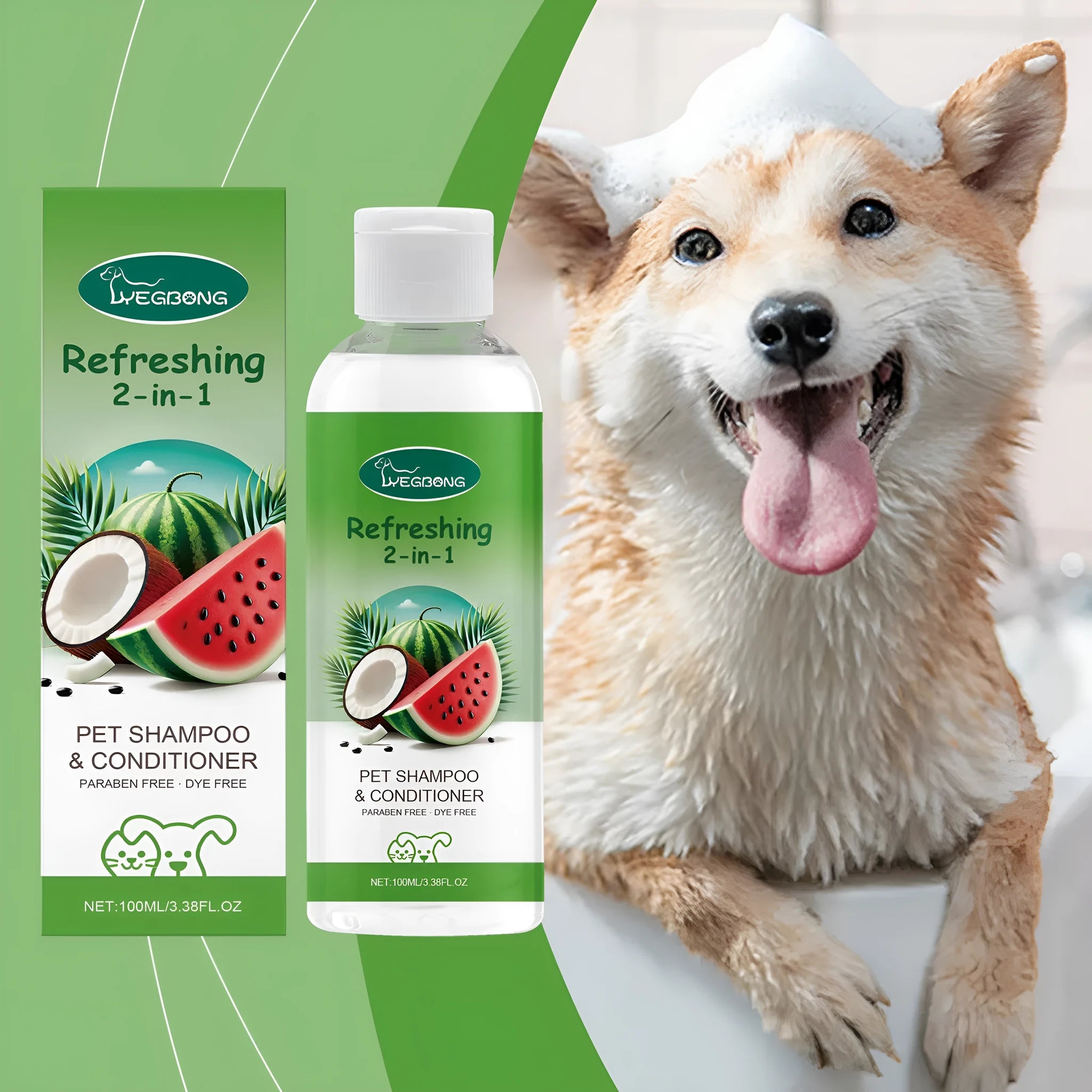 A 100ml bottle of pet 2-in-1 shampoo and conditioner with watermelon and coconut extract.