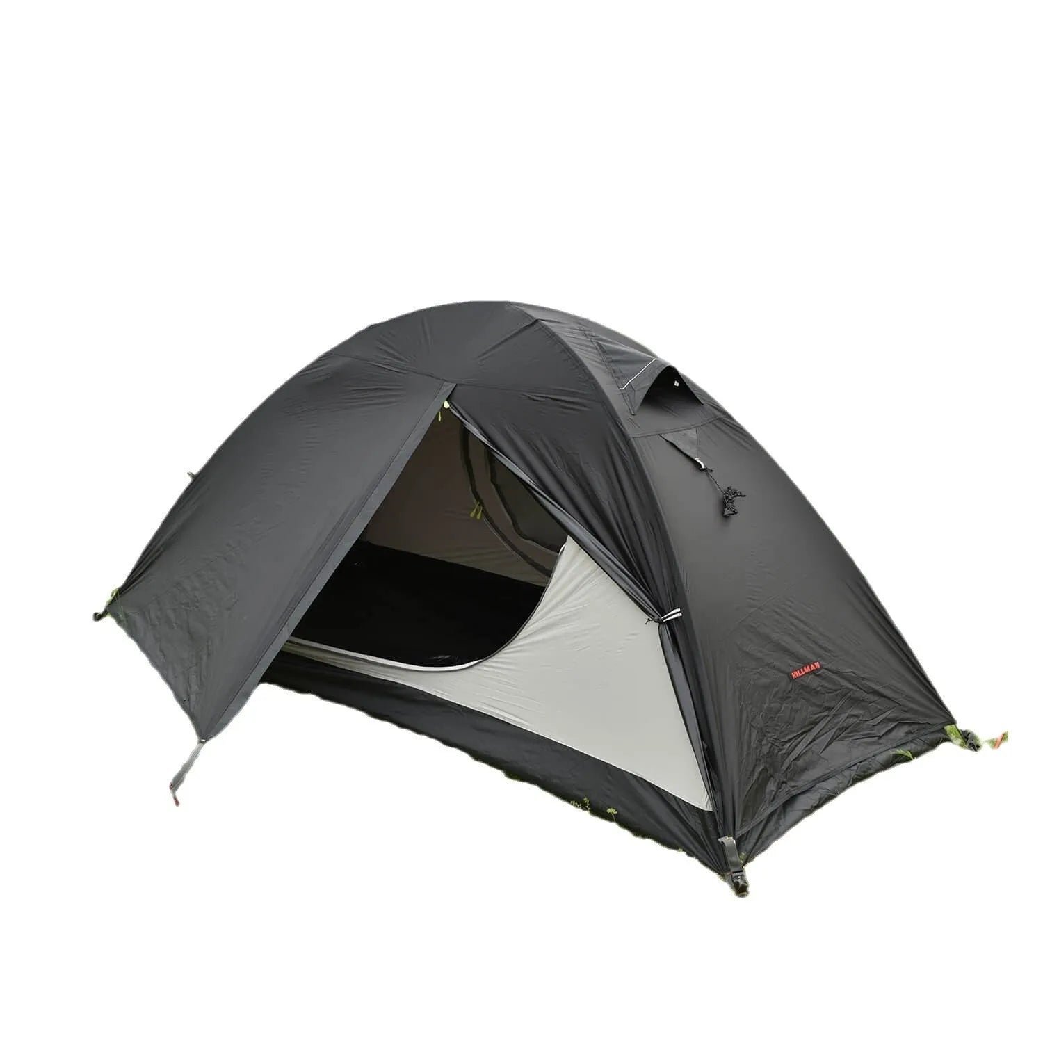Single person hiking tent in orange pitched in a forest, showing aluminium poles and double-layer design with mesh panel.