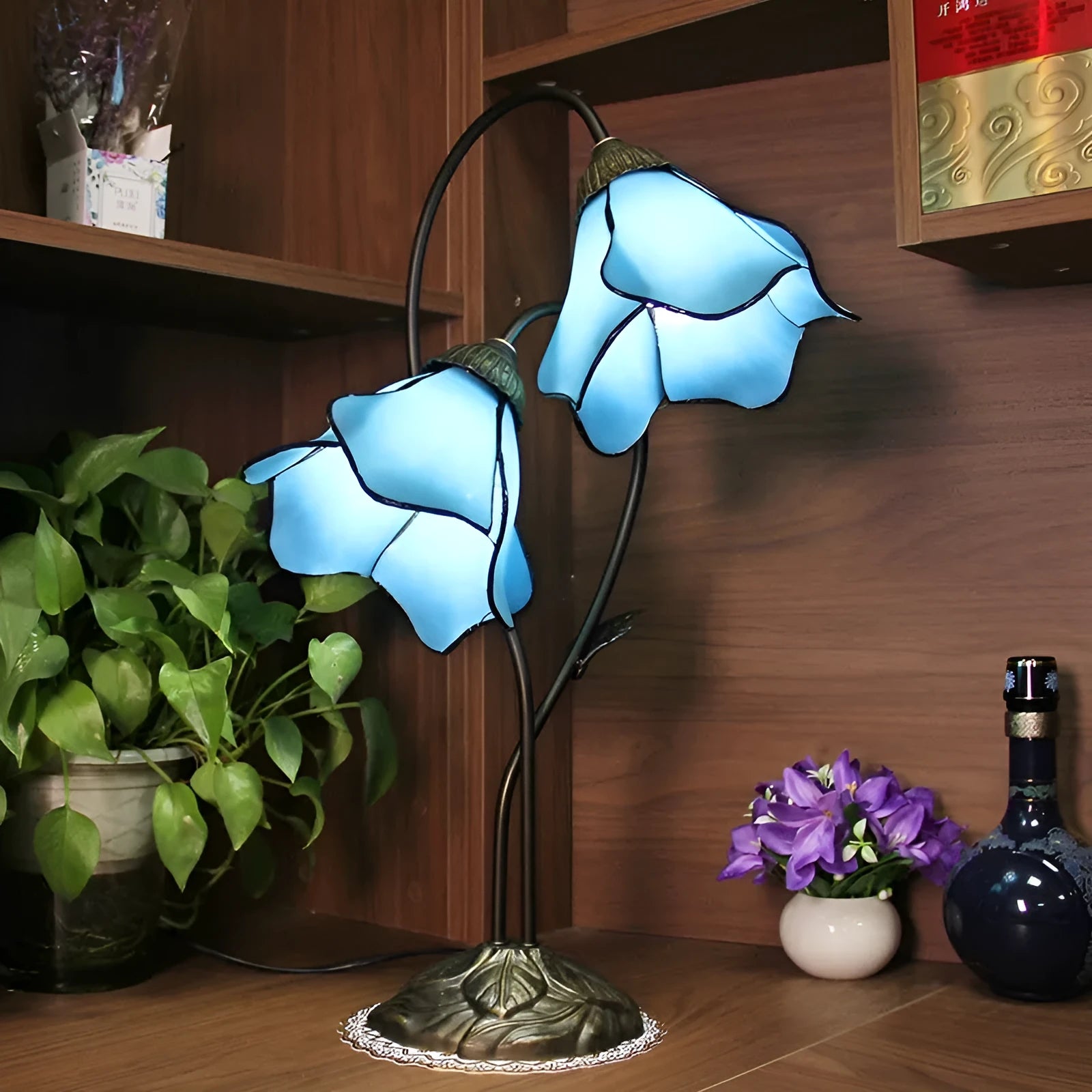 American classical retro style glass table lamp with ornate lotus shade, shown in a beige double head configuration.