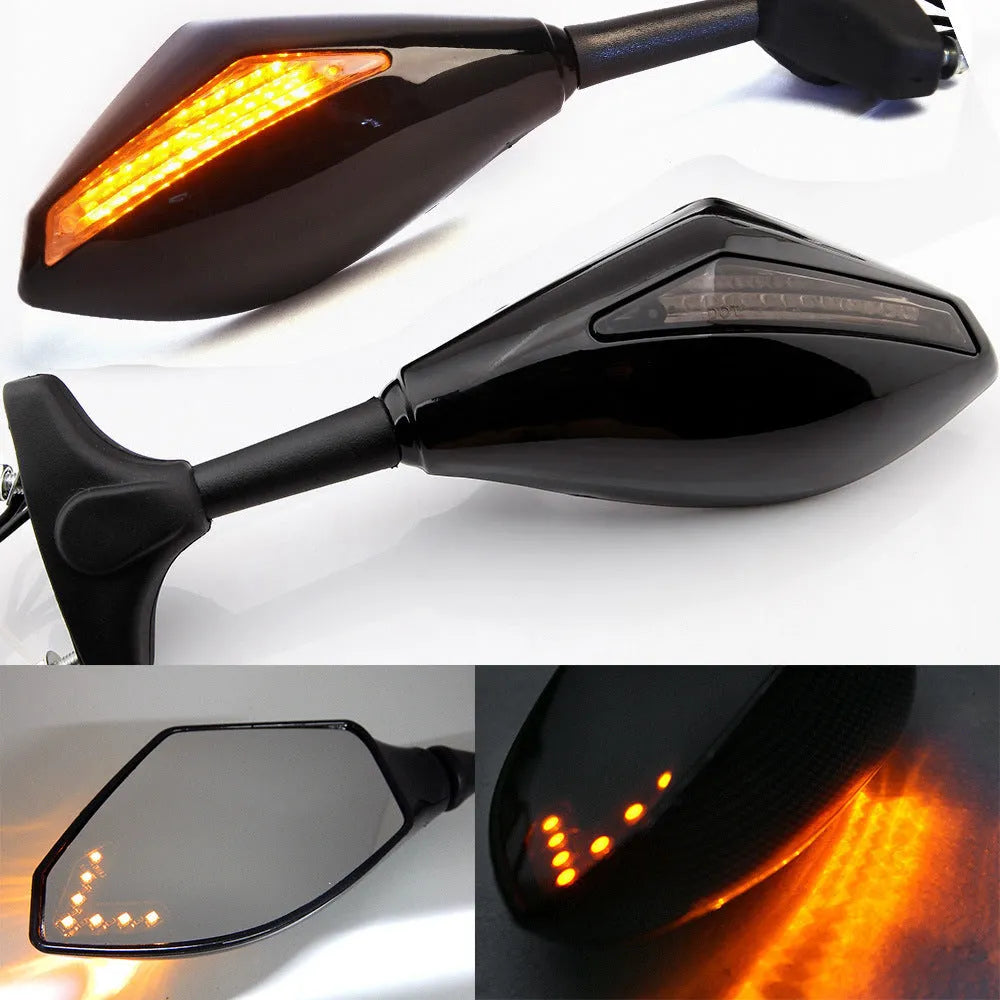 Motorcycle rear view mirror with LED arrow turn signals black plastic and aluminium stem