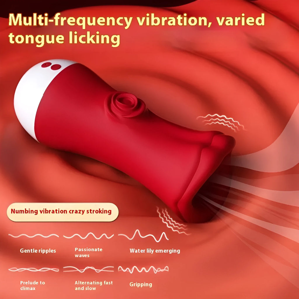 Adult male silicone penis exercise trainer in red lips colour with tongue licking vibration suction function USB rechargeable