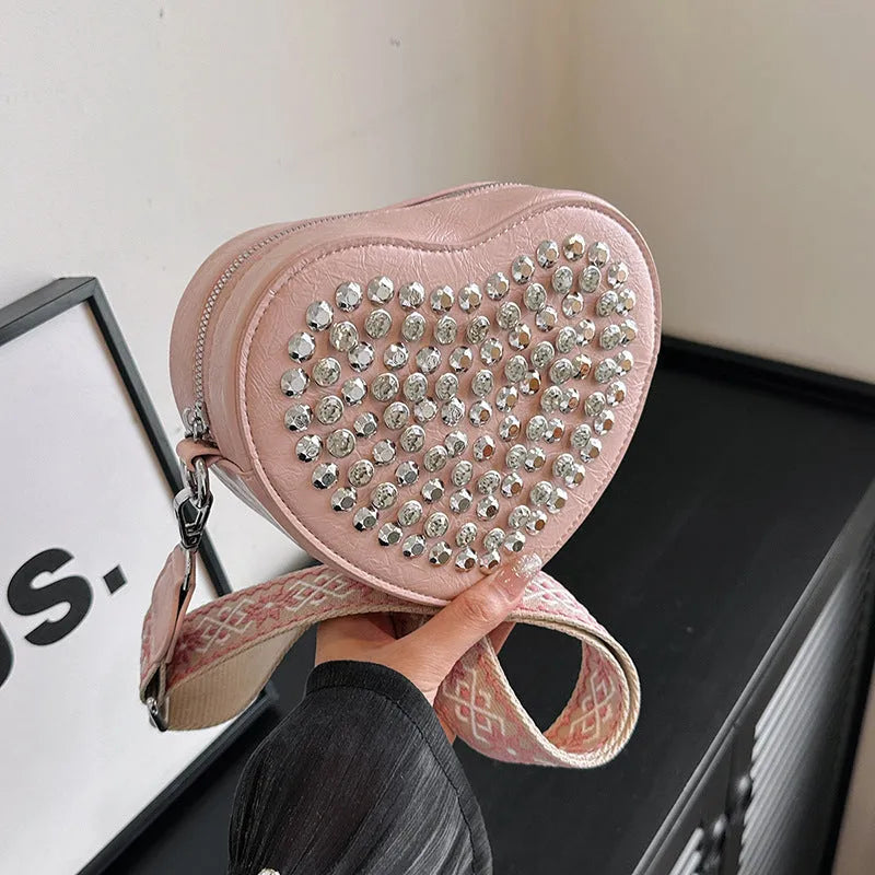 Heart shaped PU crossbody phone bag with western style shoulder strap in black