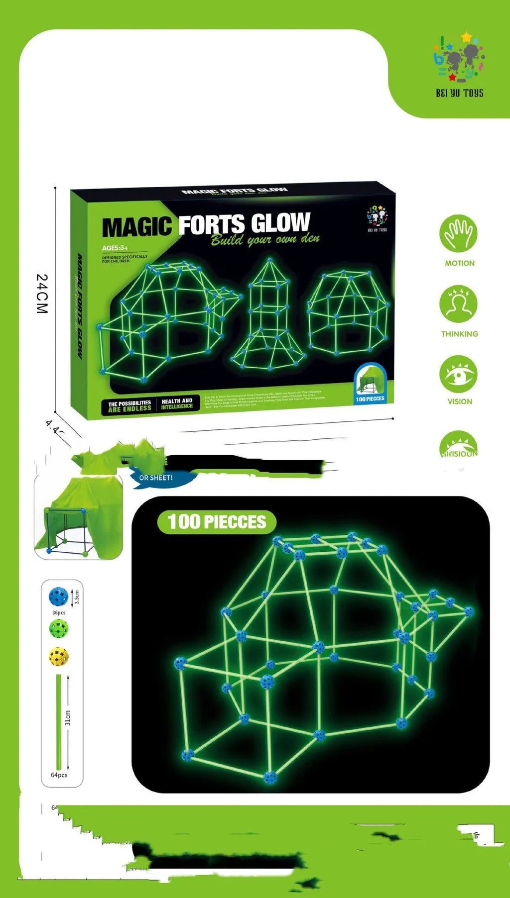 Luminous plastic fort building kit for kids with connecting sticks, balls, and storage bag.