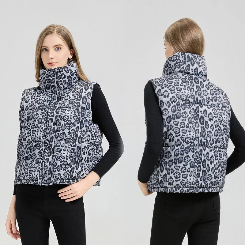Leopard print stand collar loose fit thick polyester vest for women with pockets in khaki colour