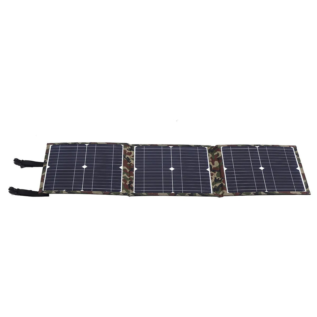 Black foldable portable solar panel unfolded showing three solar cells, with car charger and cables.