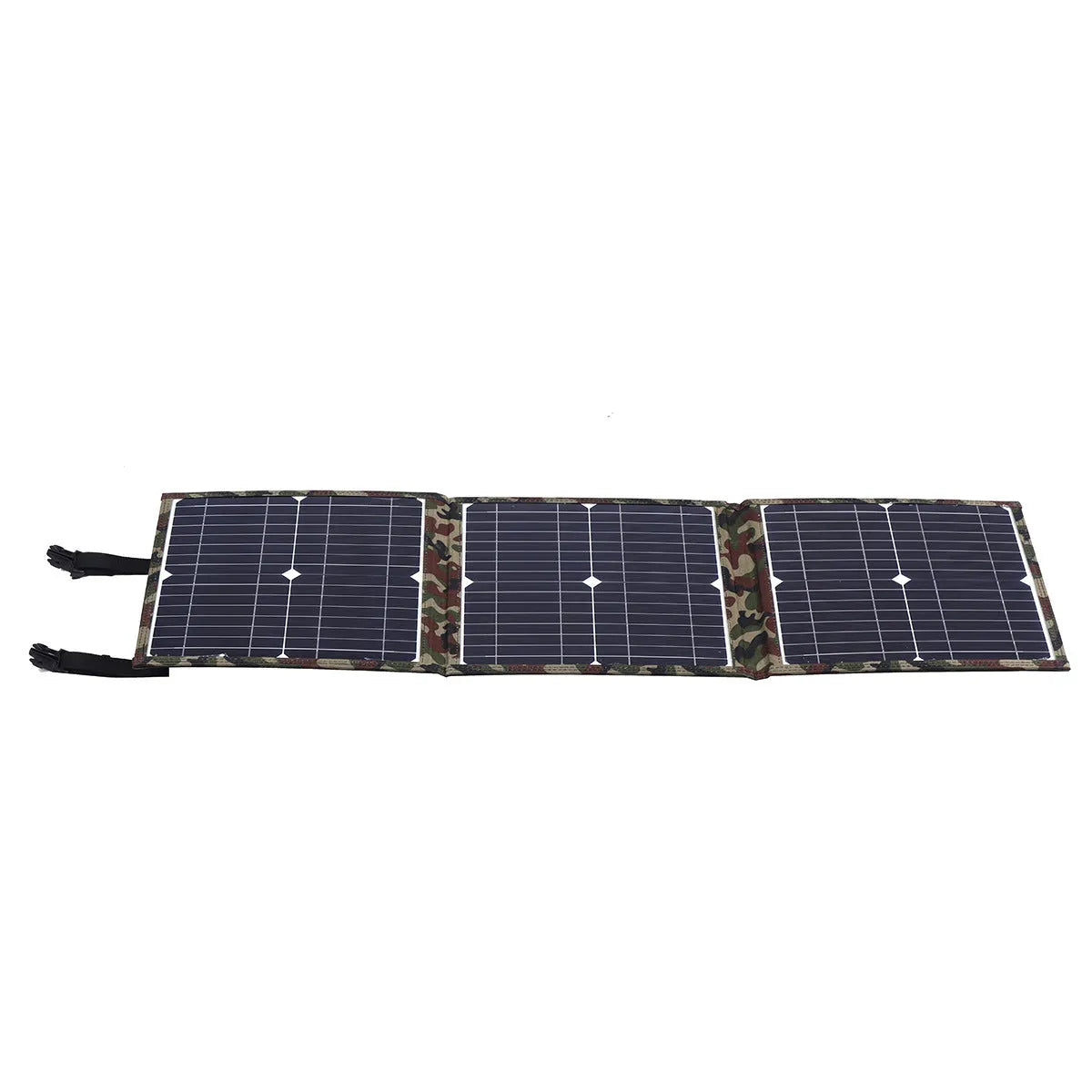 Black foldable portable solar panel unfolded showing three solar cells, with car charger and cables.