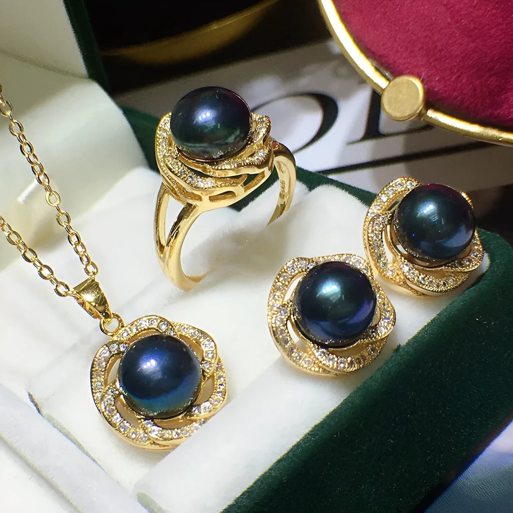 Freshwater pearl necklace, earrings, and ring set in white 8-9mm pearls with box and chain