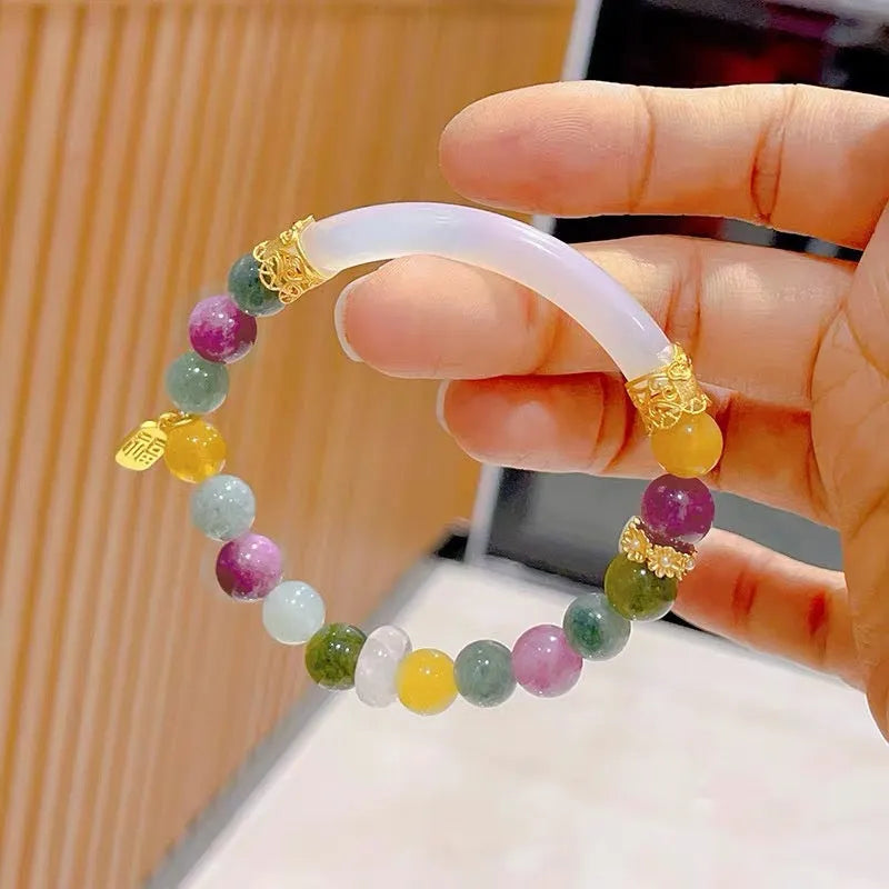 Natural jade rainbow tourmaline half bracelet for women with electroplated finish
