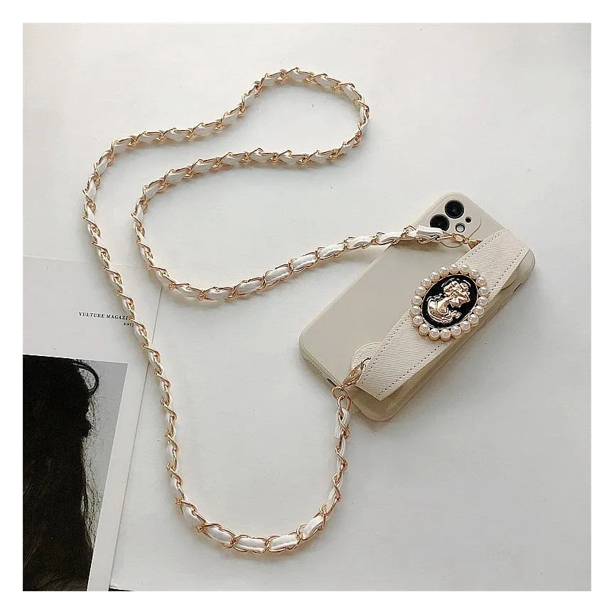 White TPU wrist strap crossbody chain protective phone case for iPhone with lanyard