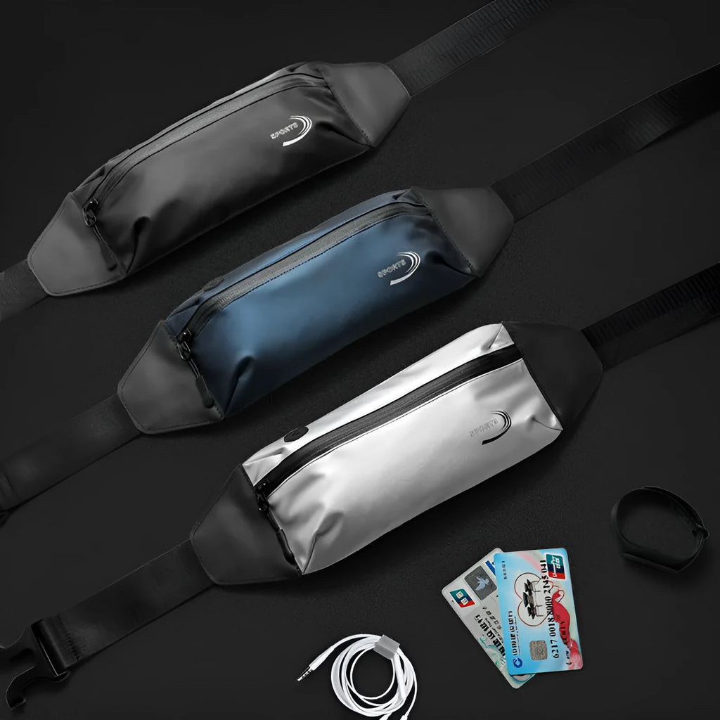 Men's blue waterproof Derm Oxford polyester sports waist bag with adjustable strap.