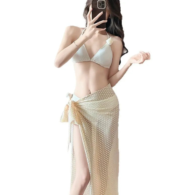 Women's three-piece bikini set in solid colours, polyester lining, sizes S to XL