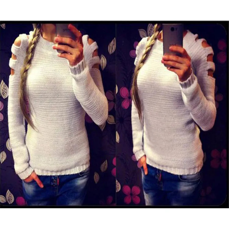 Grey women's long-sleeved knit shirt with round neck and hollow-out crochet pattern detail.