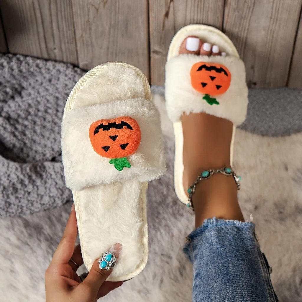 Halloween pumpkin cartoon plush slippers with synthetic fur upper and PVC soles