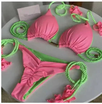 Braided bikini triangle bag swimsuit two-piece set in nylon with cotton lining, sizes S M L, multiple colours