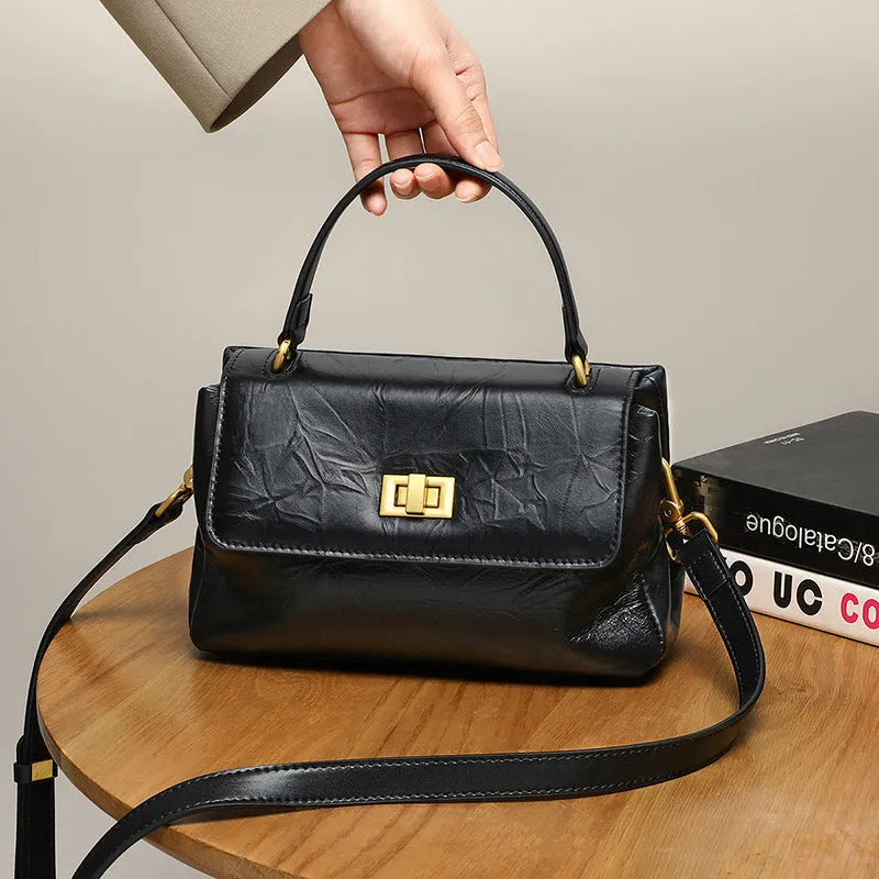 Women's crossbody bag in first layer cowhide leather, horizontal square shape, Black or Caramel Mocha