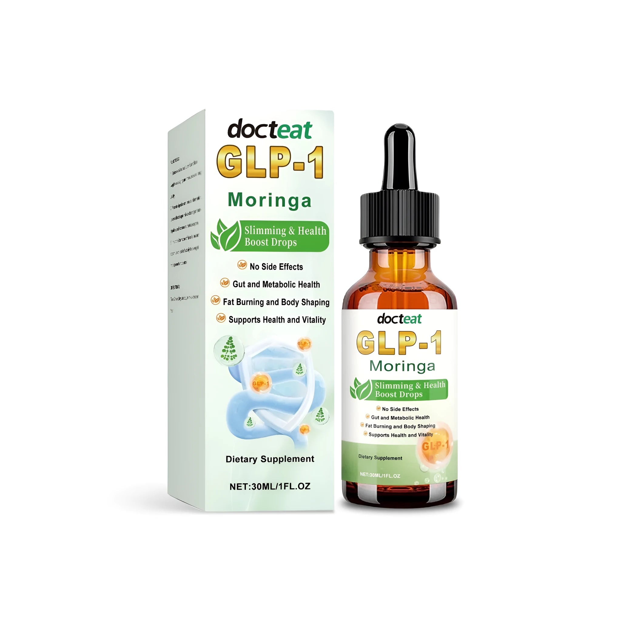 30ml glass bottle of clear health supplement drops with a dropper lid on a white background.