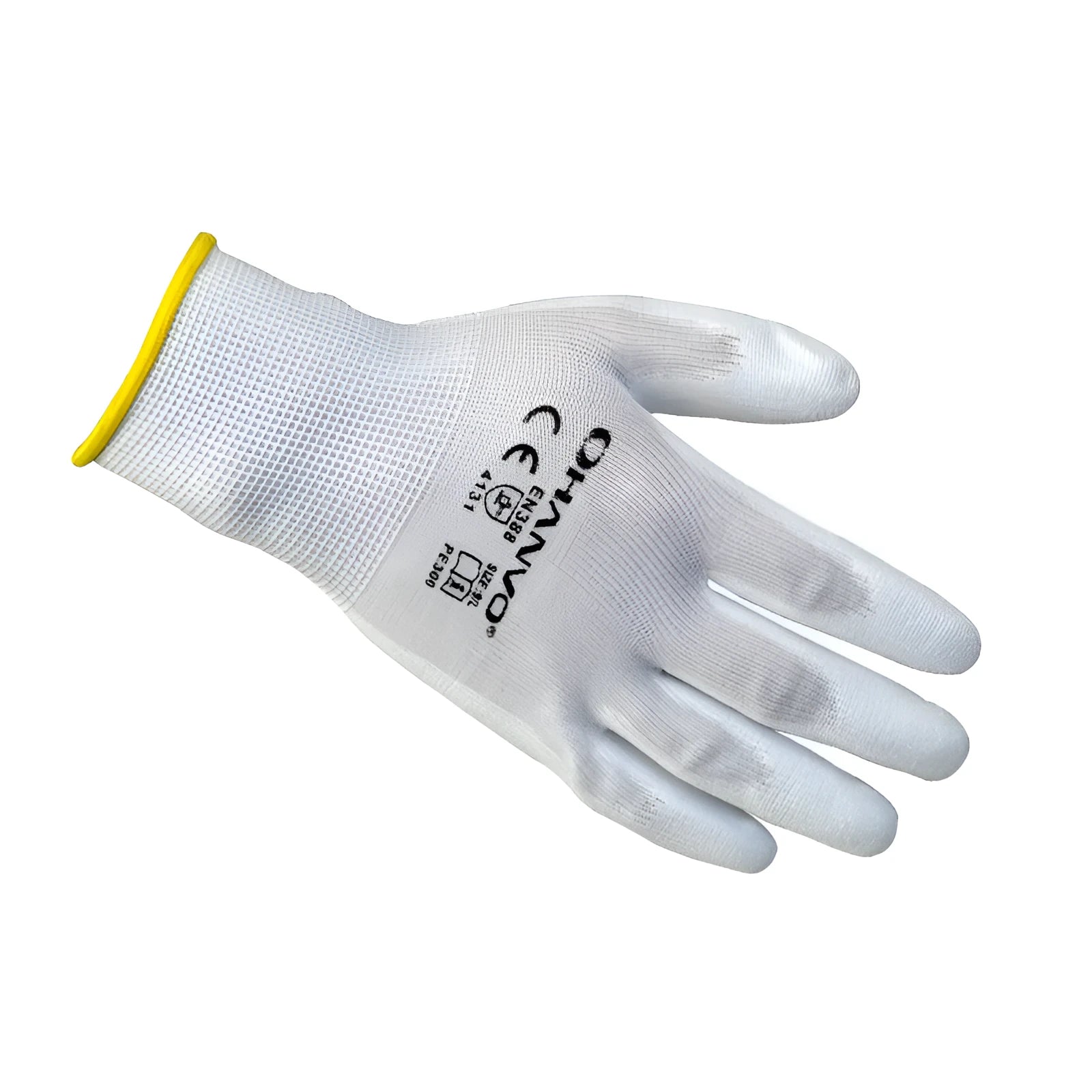 White PU coated work gloves showing palm coating and knit back construction