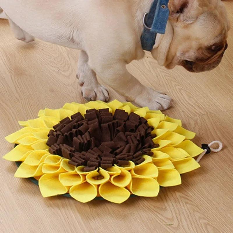 Yellow sunflower pattern dog snuffle mat with rope buckle for slow feeding and nosework games