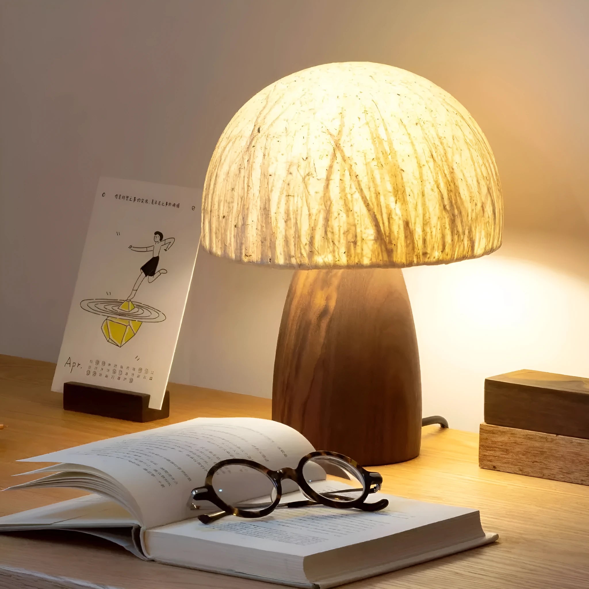 Mushroom lamp with black walnut wood base, handmade Japanese style, 220V EU plug, atmospheric glow