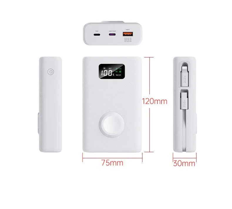 Black and white wireless power bank showing display screen and attached charging cable