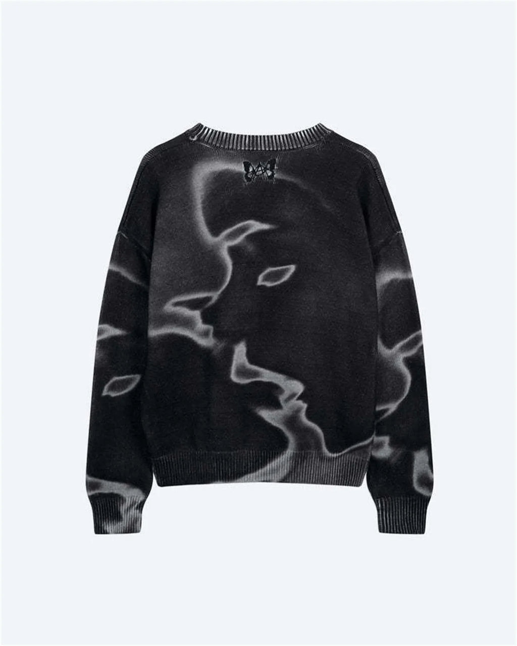 Fashion casual printed polyester sweater in Rose Red, front view, showing printed pattern and crew neckline