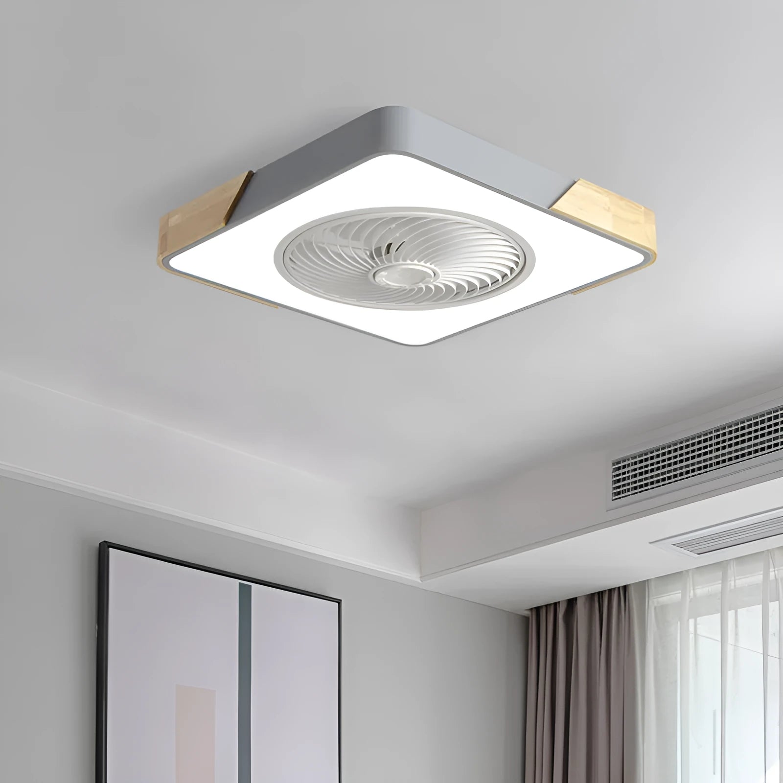 Modern minimalist black wrought iron ceiling fan with LED light and round shade, 500mm diameter, for living room use
