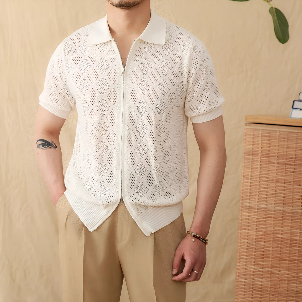 Men's light brown cotton short sleeve zip cardigan with lapel collar on hanger