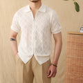 Men's light brown cotton short sleeve zip cardigan with lapel collar on hanger