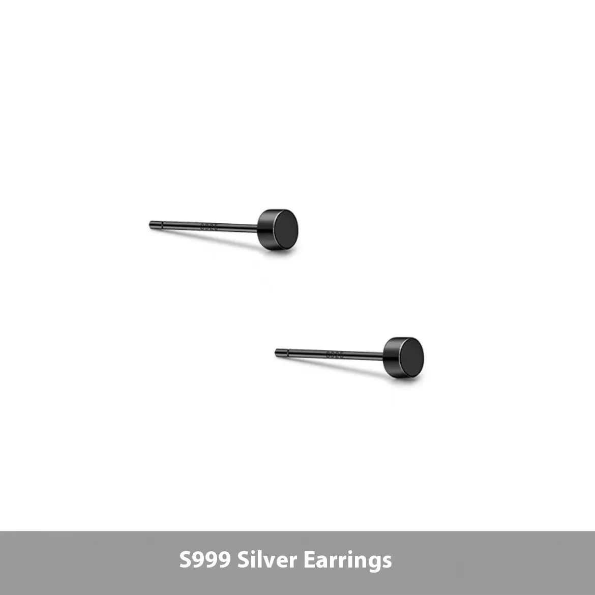 S999 Sterling Silver geometric round stud earrings in black and silver colours, showing size range from 3mm to 8mm.
