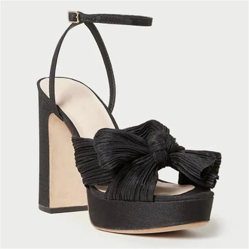 Women's platform high heel sandals with bowknot, fish mouth open toe, artificial PU upper, black colour