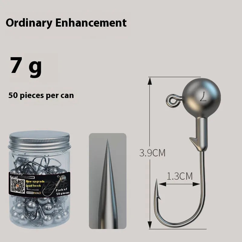 A set of 50 lead-headed jig hooks with steel construction and a four-times strengthening process.