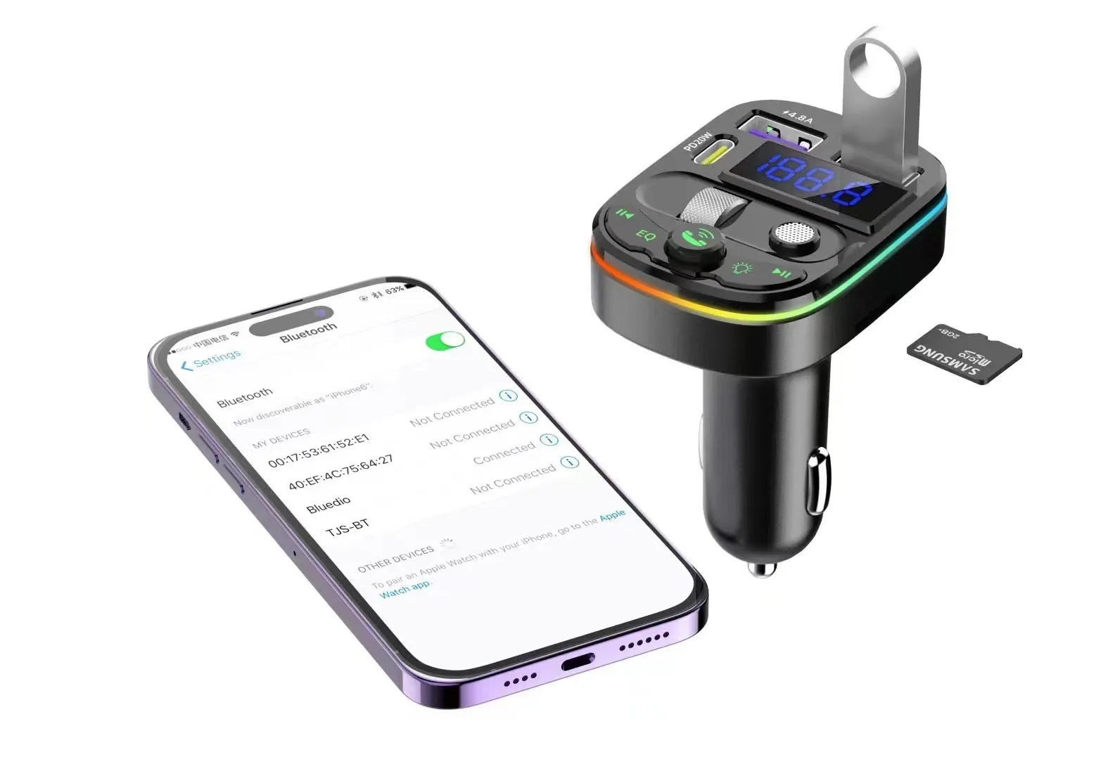 On board Bluetooth car receiver with USB charging port and MP3 playback functionality.