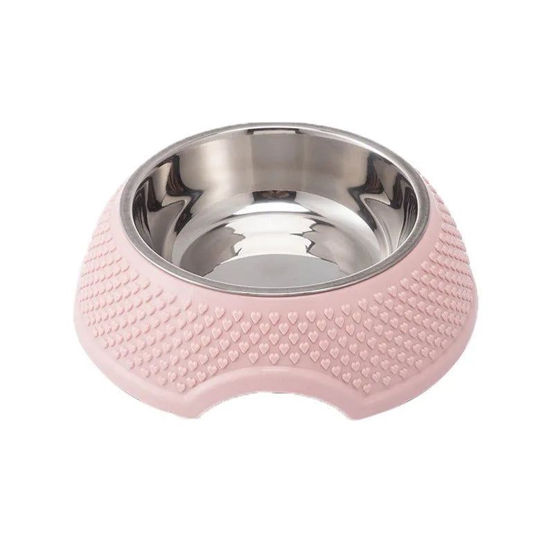 Blue stainless steel pet bowl with non-slip base on a floor.