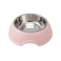Blue stainless steel pet bowl with non-slip base on a floor.