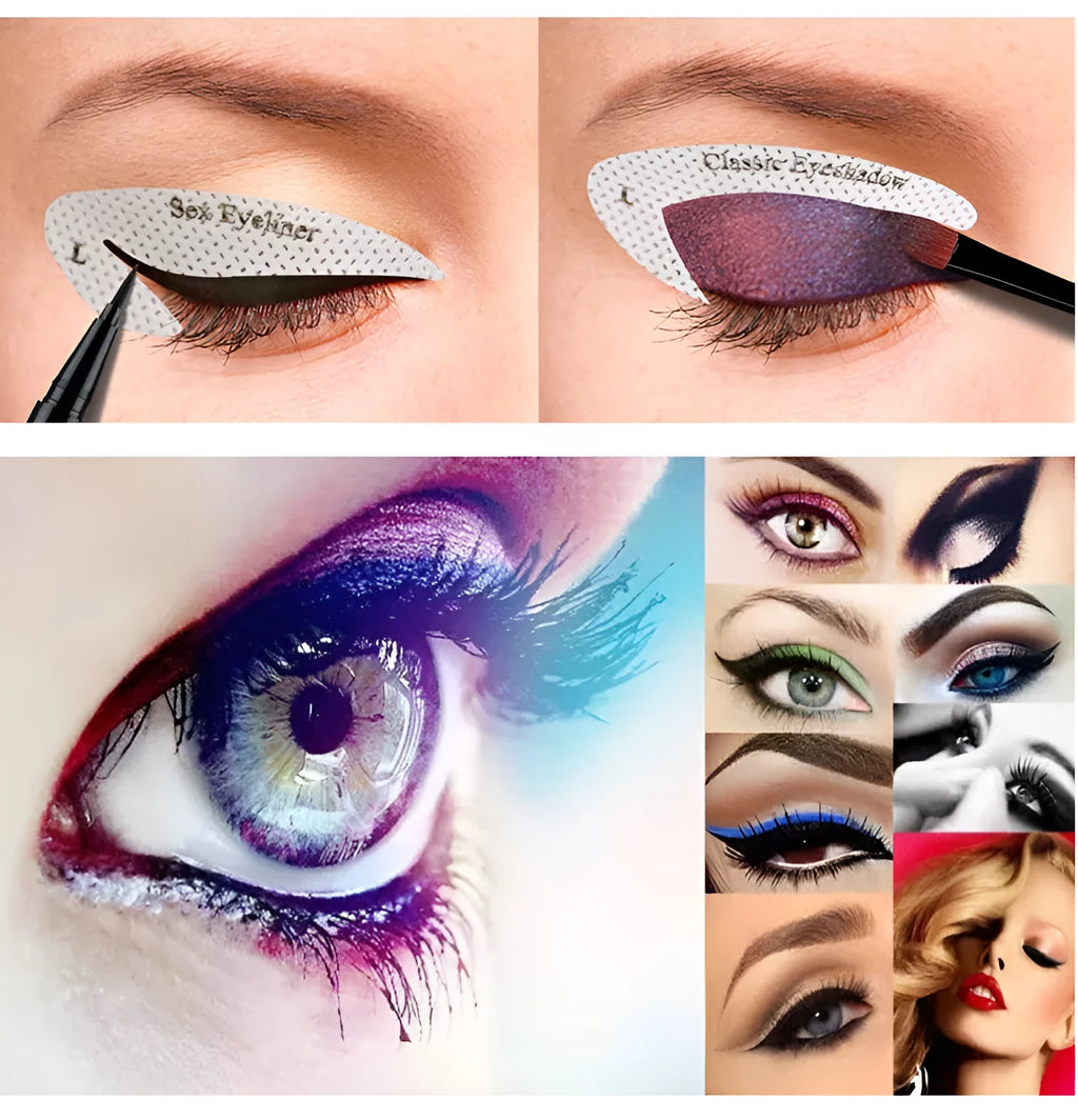 Set of four reusable, flexible plastic eyeliner and eyeshadow makeup stencils on a pink background