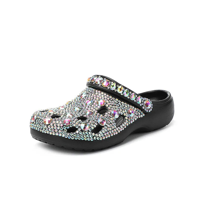 Black platform sandals for women with rhinestone decoration and EVA foam construction