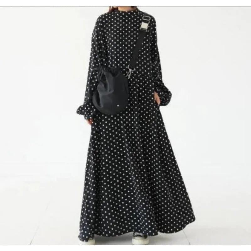 Plus size polka dot long sleeve Korean satin dress with flounced skirt and lantern sleeves in polka dot colour