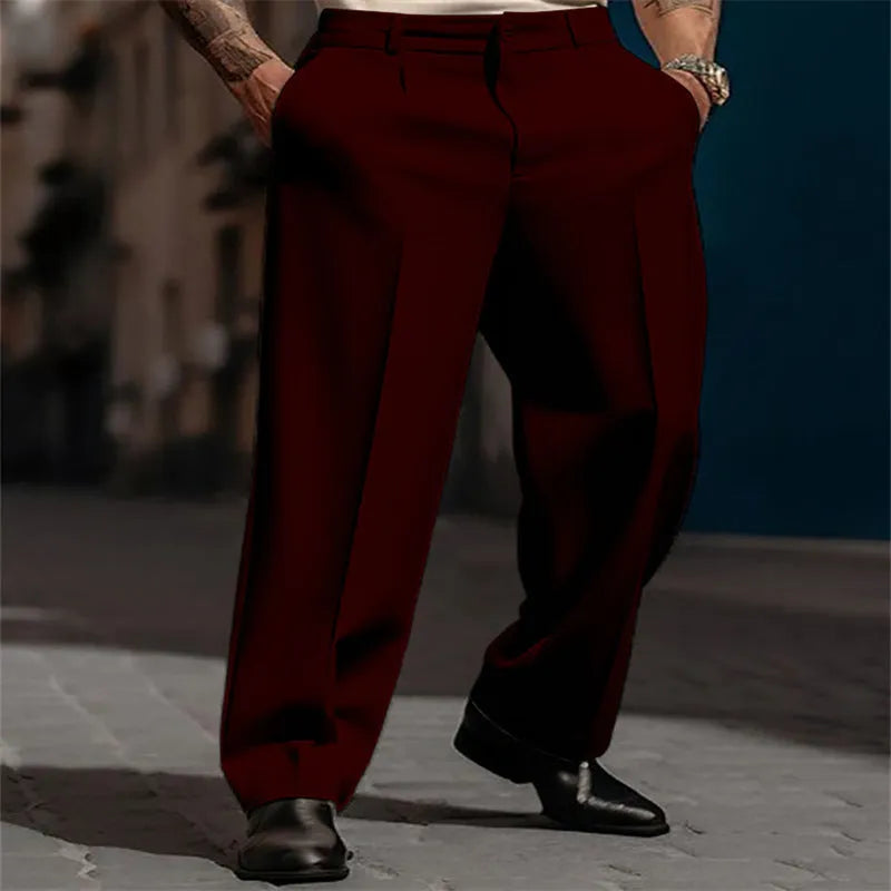 Men's straight solid colour suit trousers with diagonal pockets in khaki, on model, front view