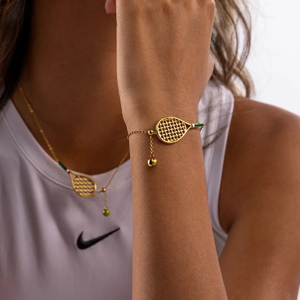 Women's titanium steel tennis racket pendant necklace with electroplated finish on stainless steel regular chain