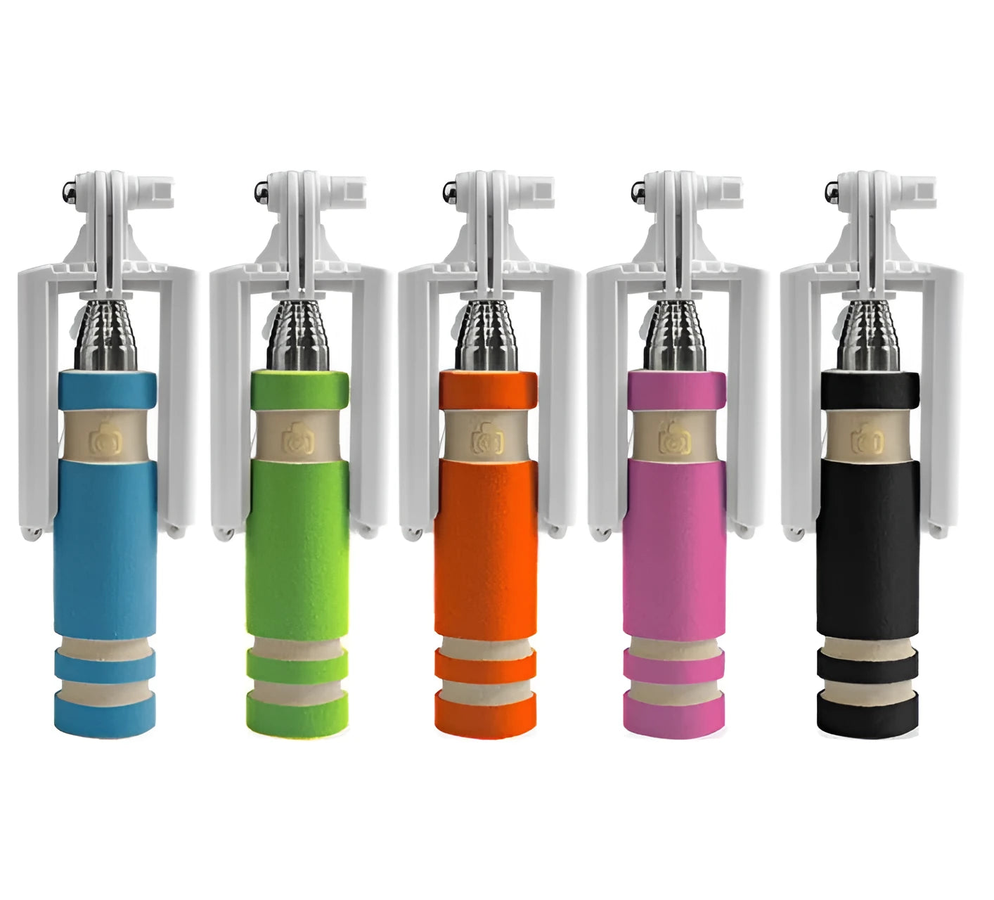 Folding selfie stick for cell phone in black aluminium alloy, extended and ready for use