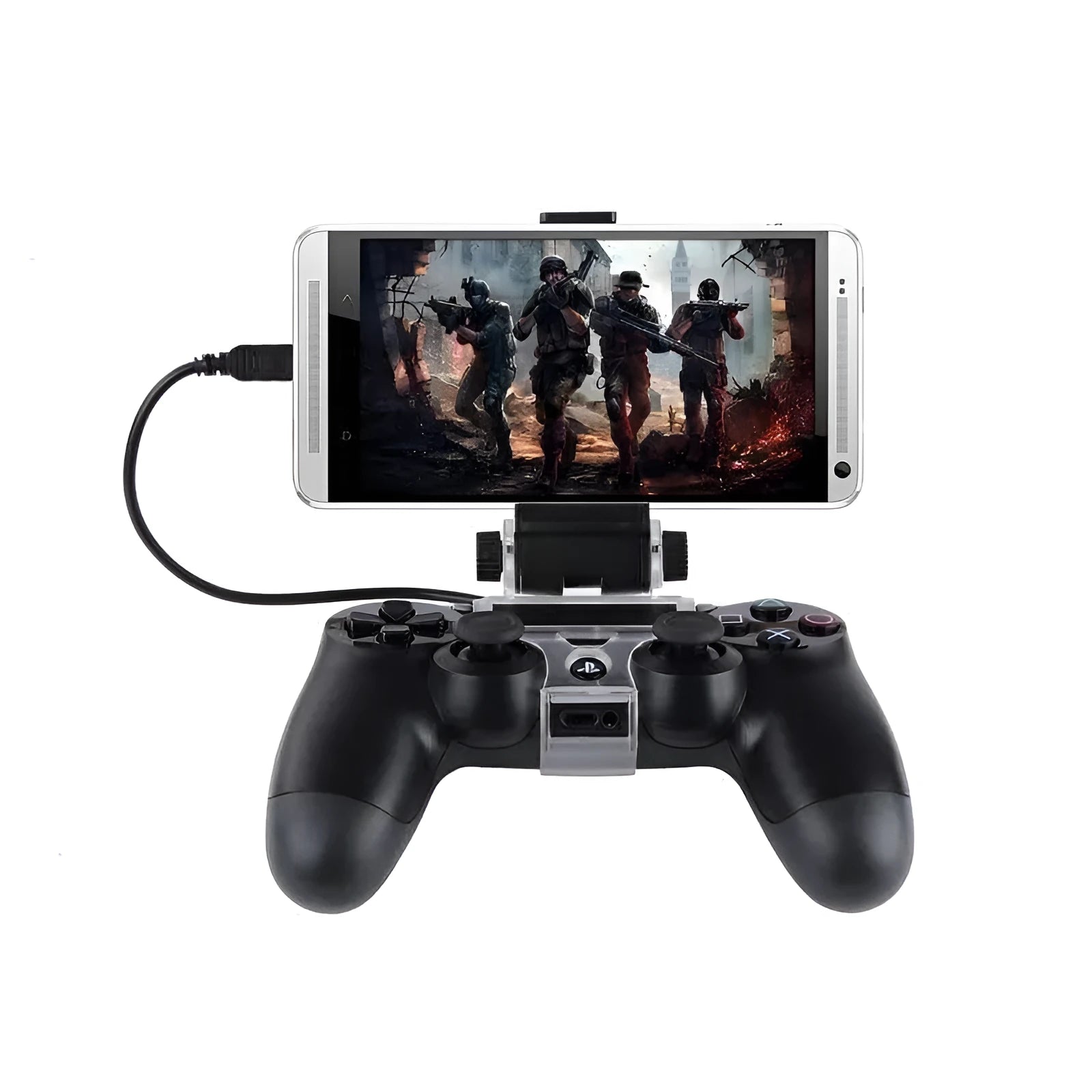 Black PS4 DualShock controller clip holding a mobile phone, with a Micro USB OTG cable for connection.