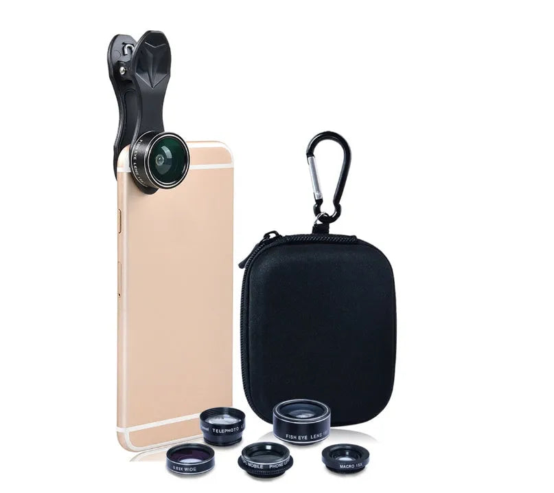 Universal 5-in-1 smartphone lens kit with fisheye, wide angle, macro, telephoto and CPL lenses